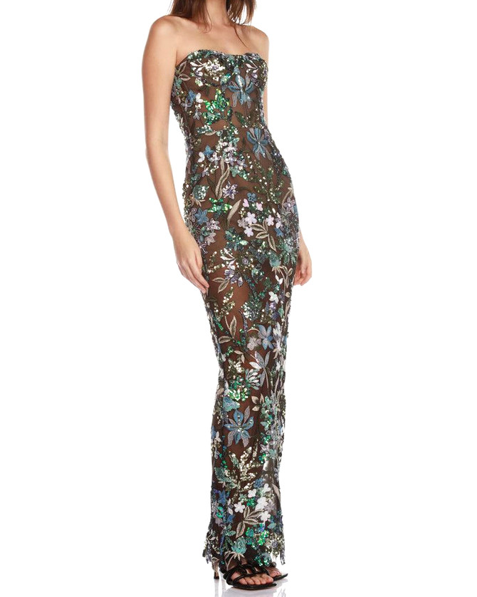 Strapless Sequin Floral Maxi Dress Green