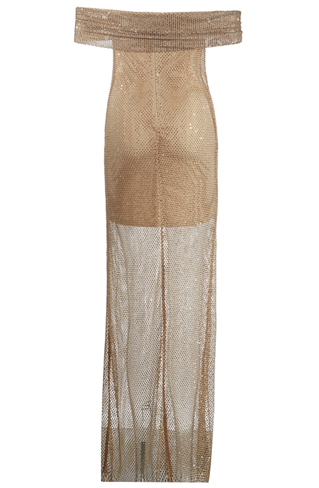 Draped Bardot Crystal Maxi Dress Nude