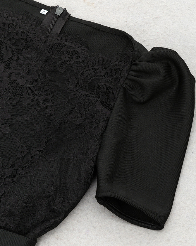 Short Sleeve Scalloped Lace Midi Dress Black