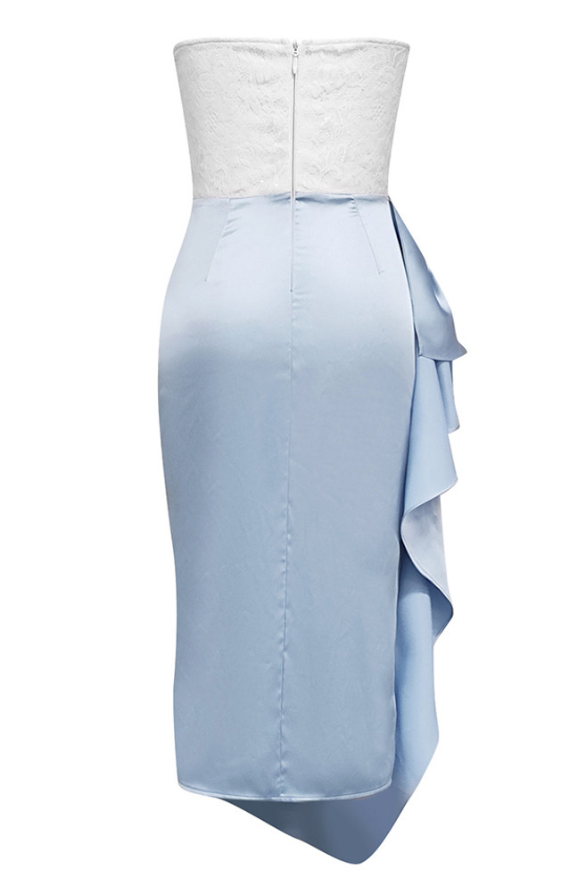 Lace Bustier Draped Midi Dress White Blue