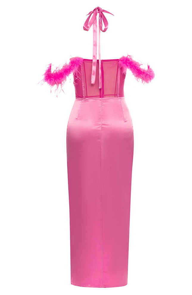 Halter Corset Draped Maxi Dress Hot Pink