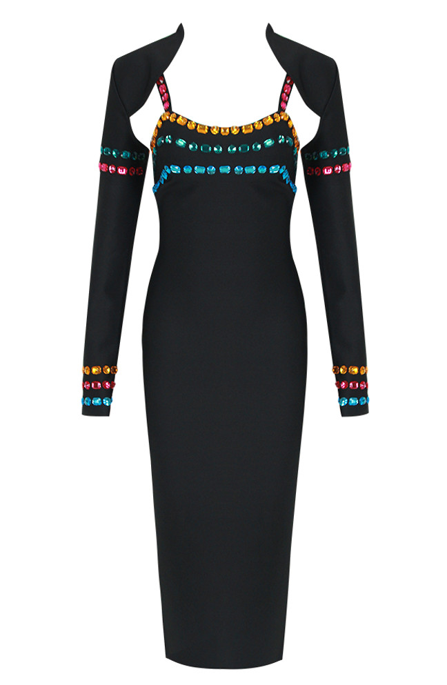 Long Sleeve Crystals Midi Dress Black