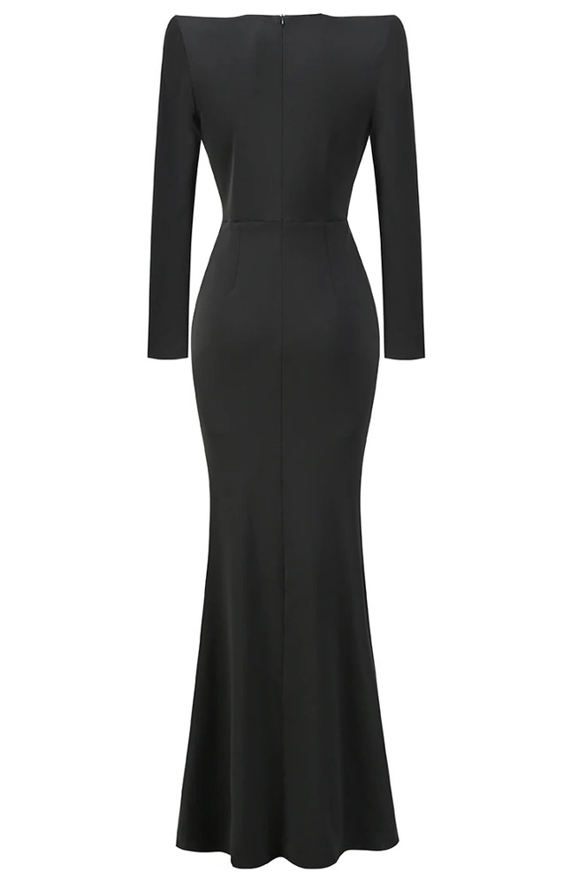 Long Sleeve Draped Embellished Maxi Dress Black