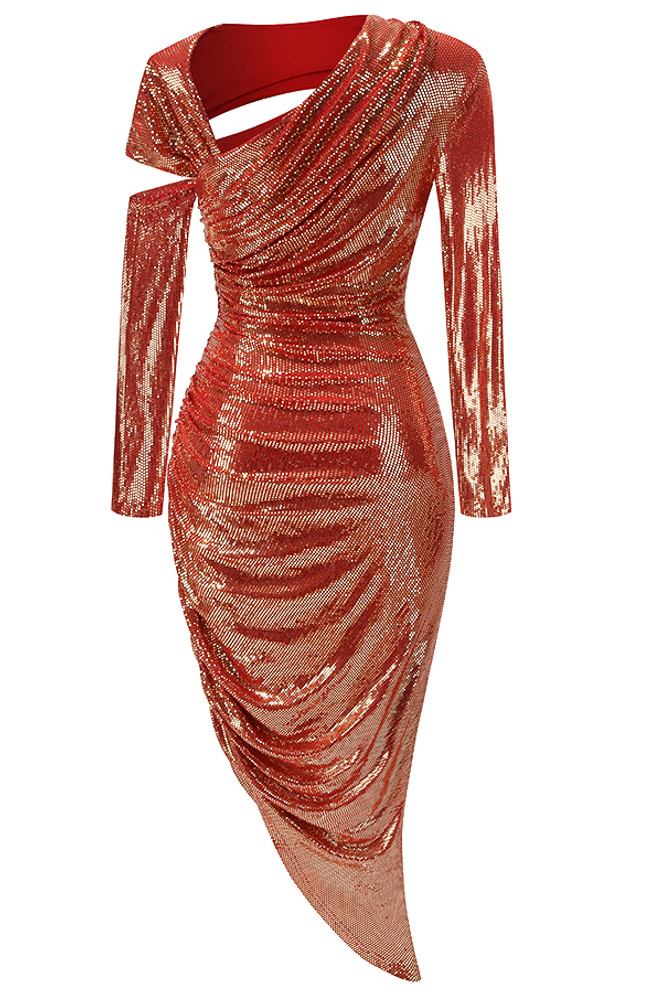 Long Sleeve Mirrored Ruched Maxi Dress Red Gold