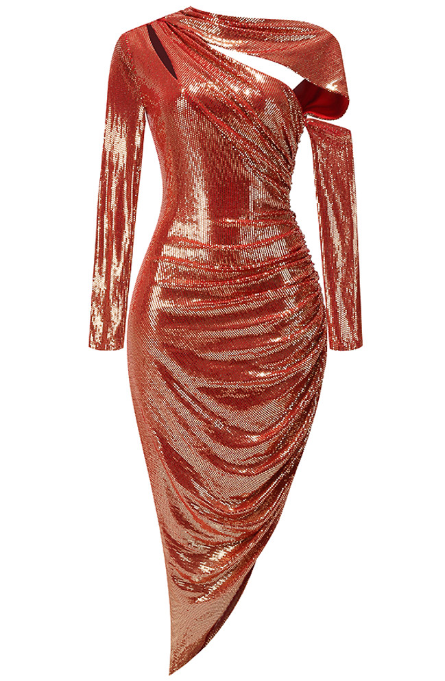 Long Sleeve Mirrored Ruched Maxi Dress Red Gold