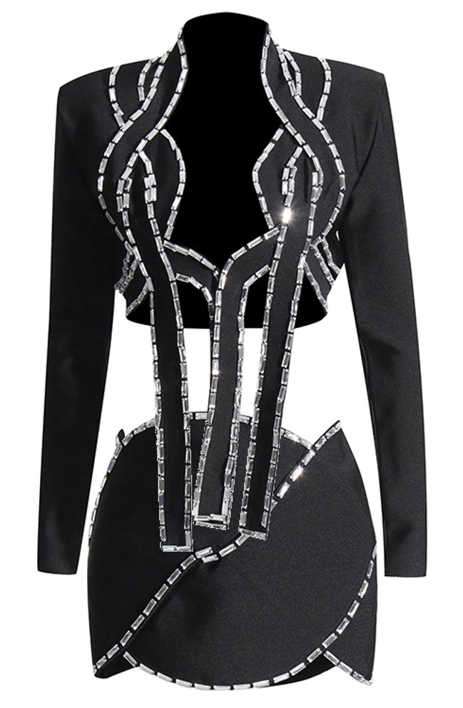 Long Sleeves Embellished Two Piece Dress Black