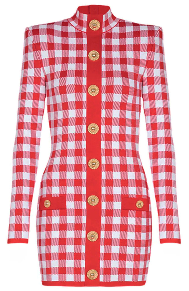 Long Sleeve Check Dress Red