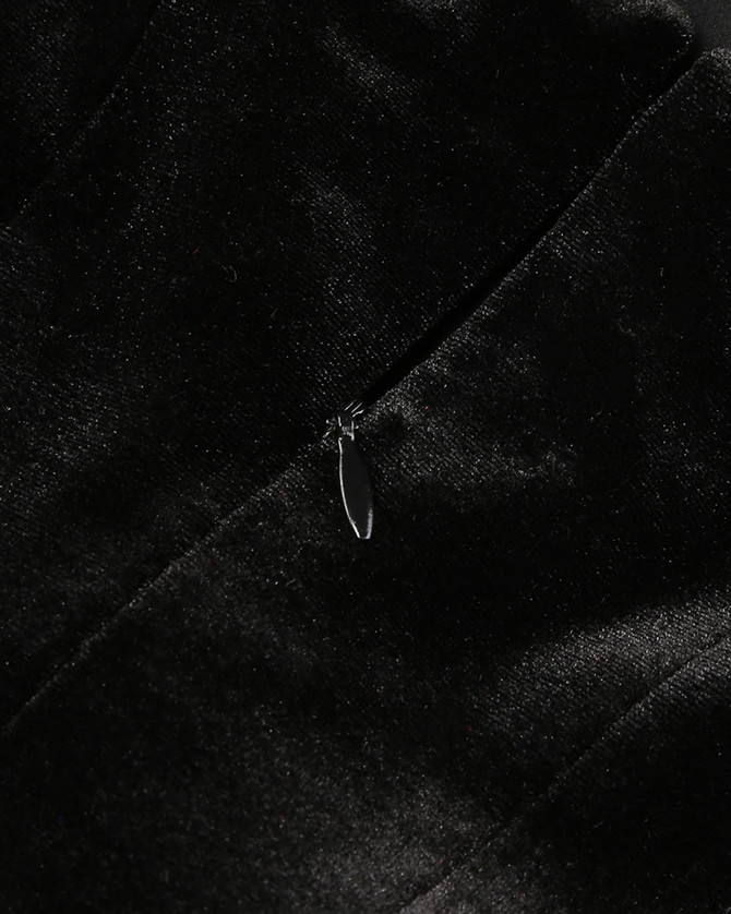 Flower Detail Strapless A Line Velvet Dress Black