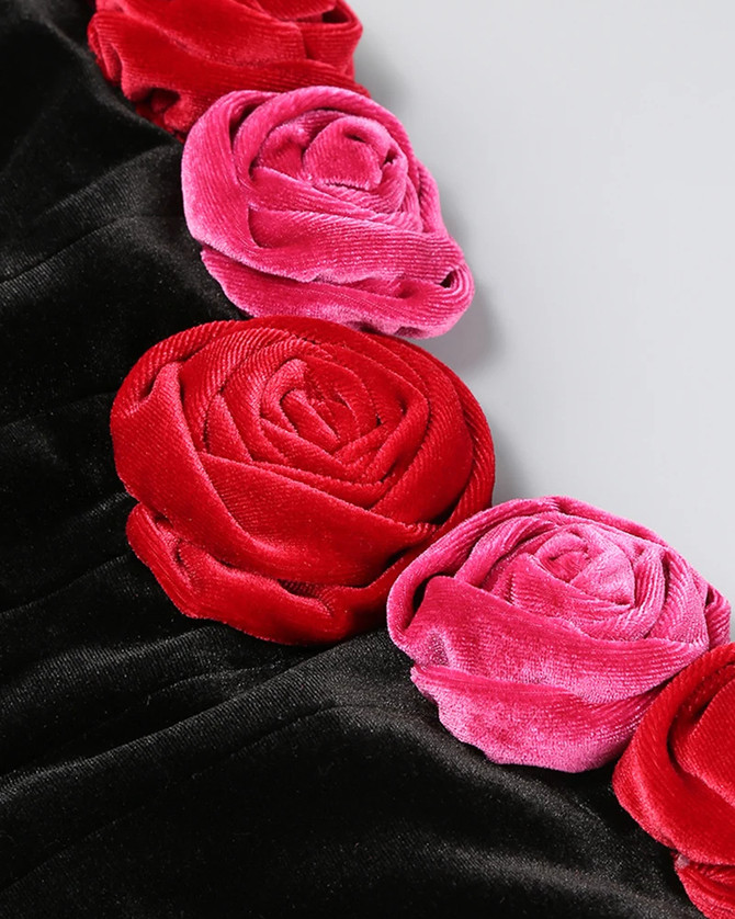 Flower Detail Strapless A Line Velvet Dress Black