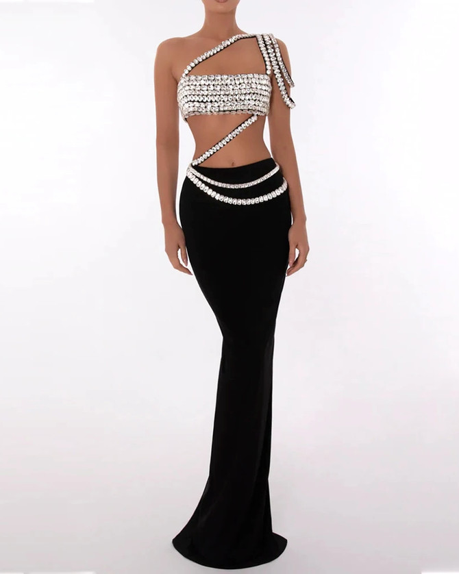 One Shoulder Crystal Maxi Dress Black