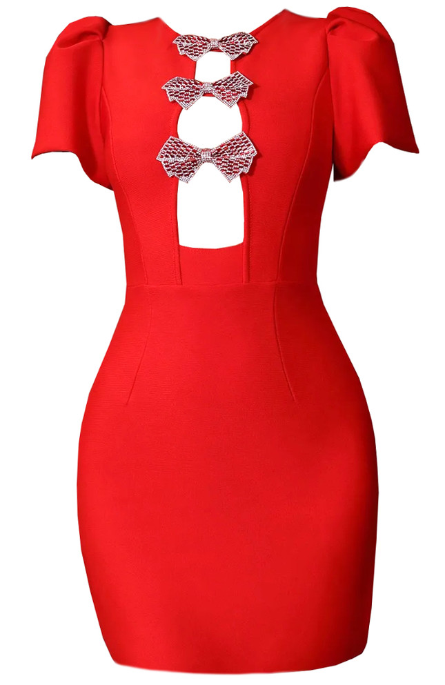 Short Sleeves Crystal Bow Dress Red