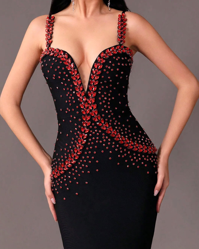 Red Crystal Embellished Maxi Dress Black