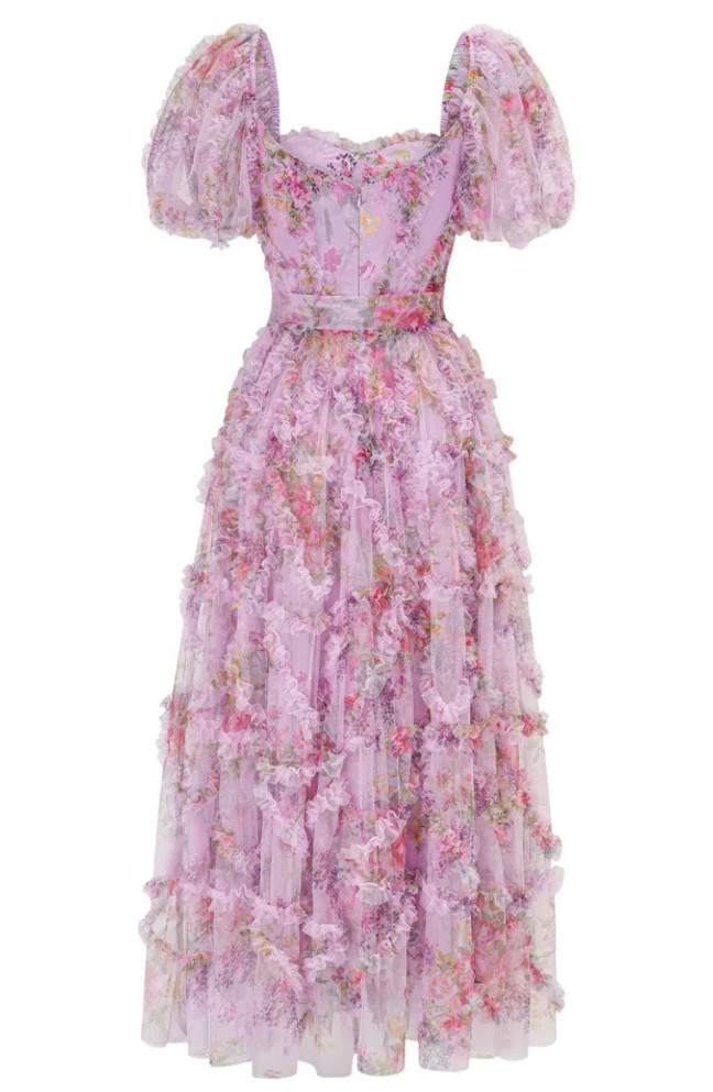 Short Sleeve Floral Ruffle A Line Maxi Dress Pink