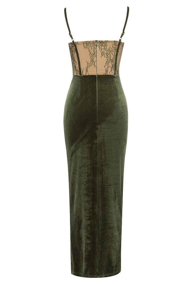 Lace Corset Draped Maxi Velvet Dress Green