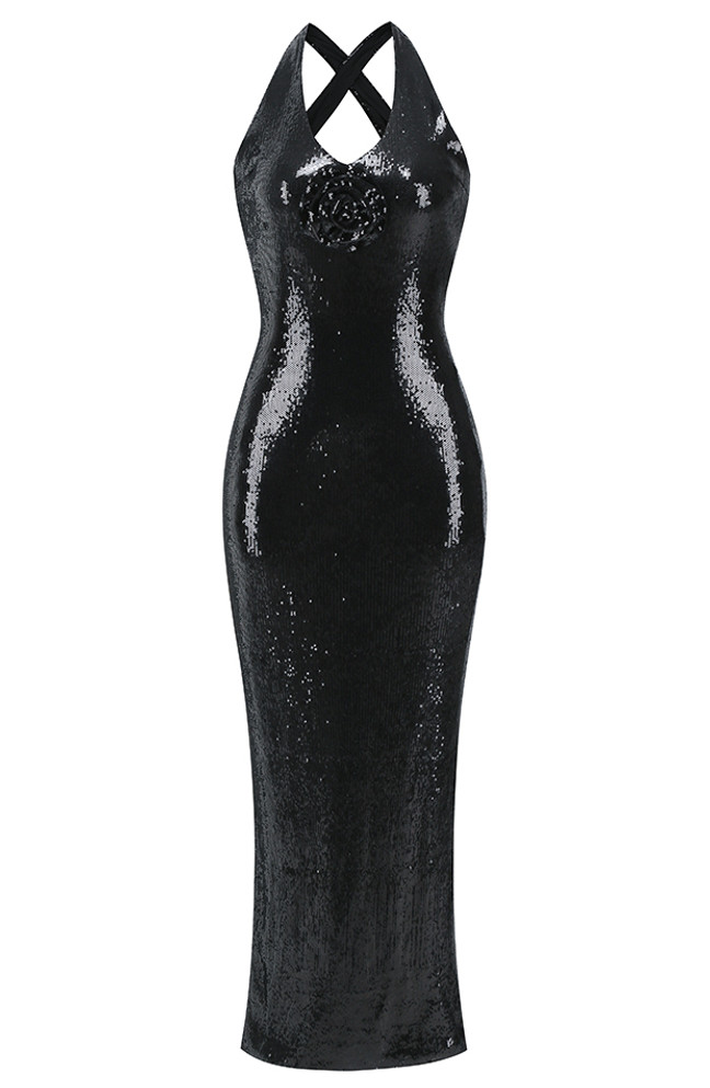 Halter Flower Detail Sequin Maxi Dress Black