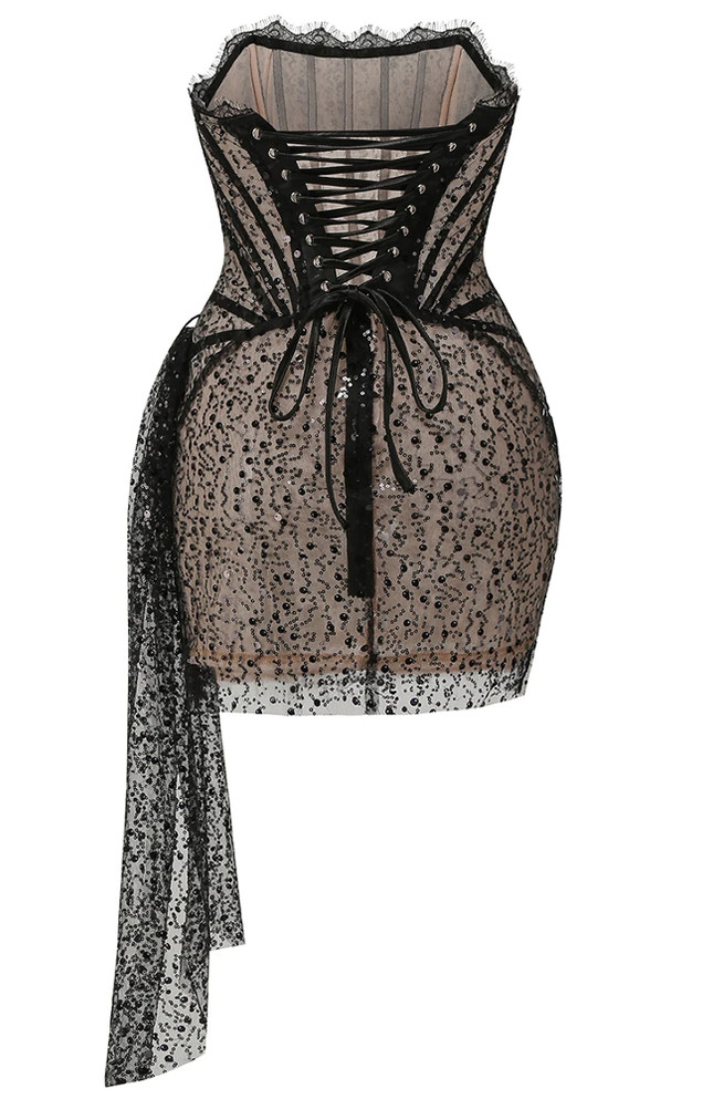Strapless Sequin Lace Corset Dress Black