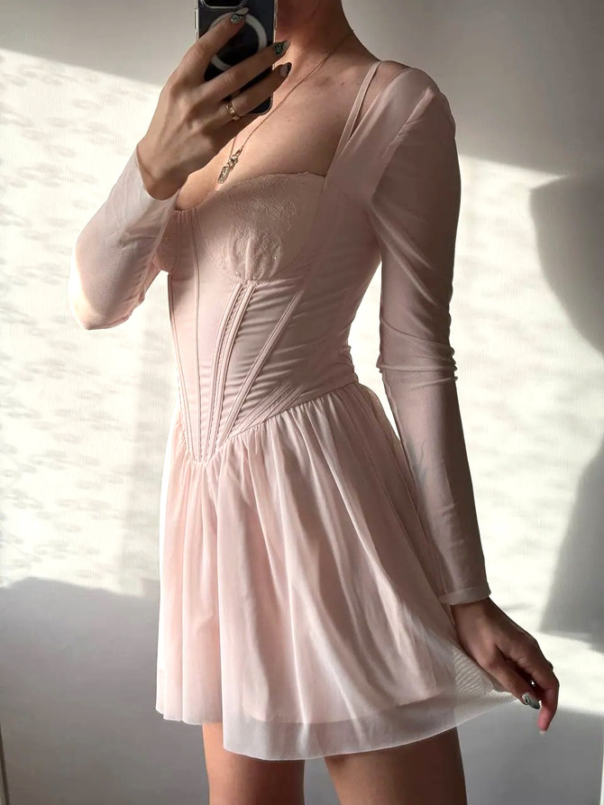 Long Sleeve Lace Bustier A Line Dress Pink