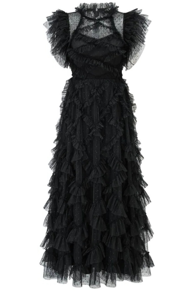 Ruffle Detail A Line Maxi Dress Black