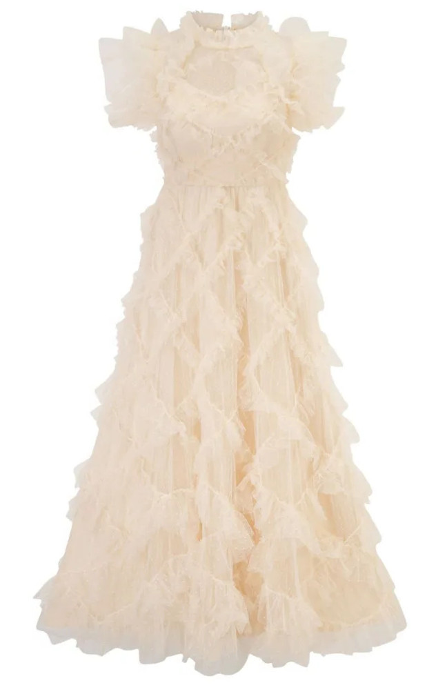 Ruffle Detail A Line Maxi Dress Ivory