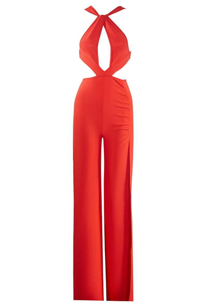 Halter Cut Out Detail Jumpsuit Red