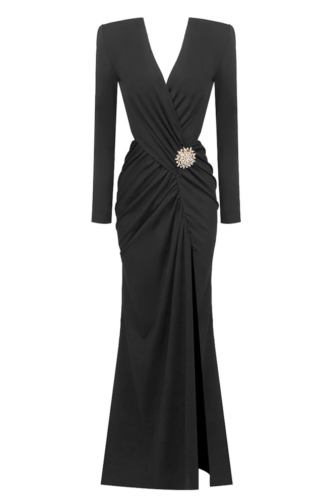 Long Sleeve Draped Maxi Dress Black