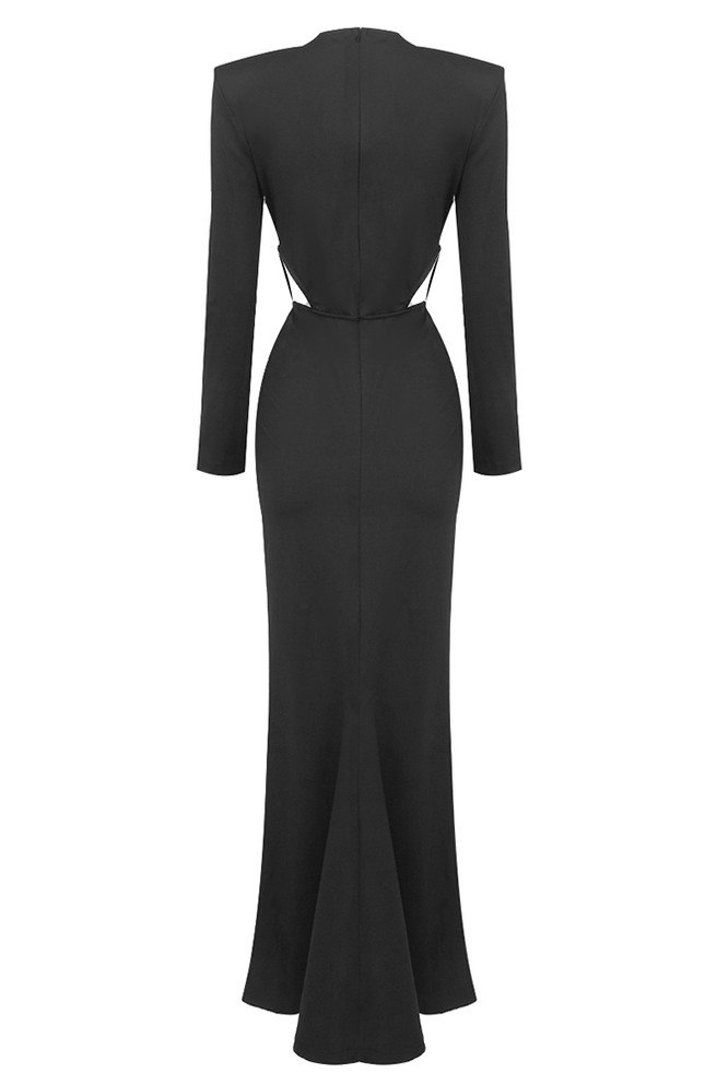 Long Sleeve Draped Maxi Dress Black