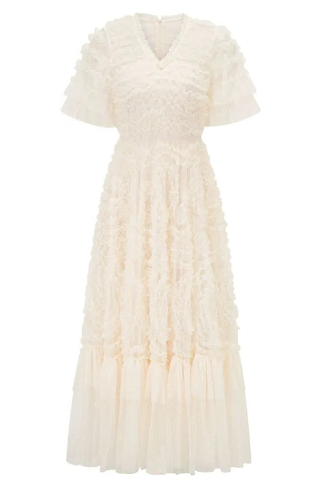 Short Sleeve Ruffle A Line Maxi Dress Ivory