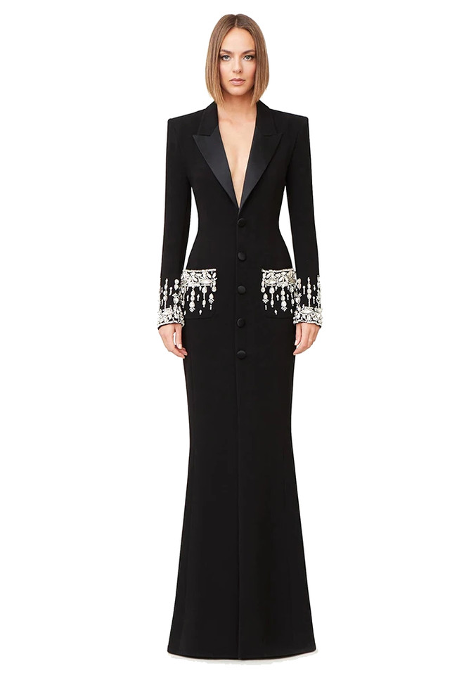 Long Sleeve Crystal Sequin Maxi Coat Dress Black