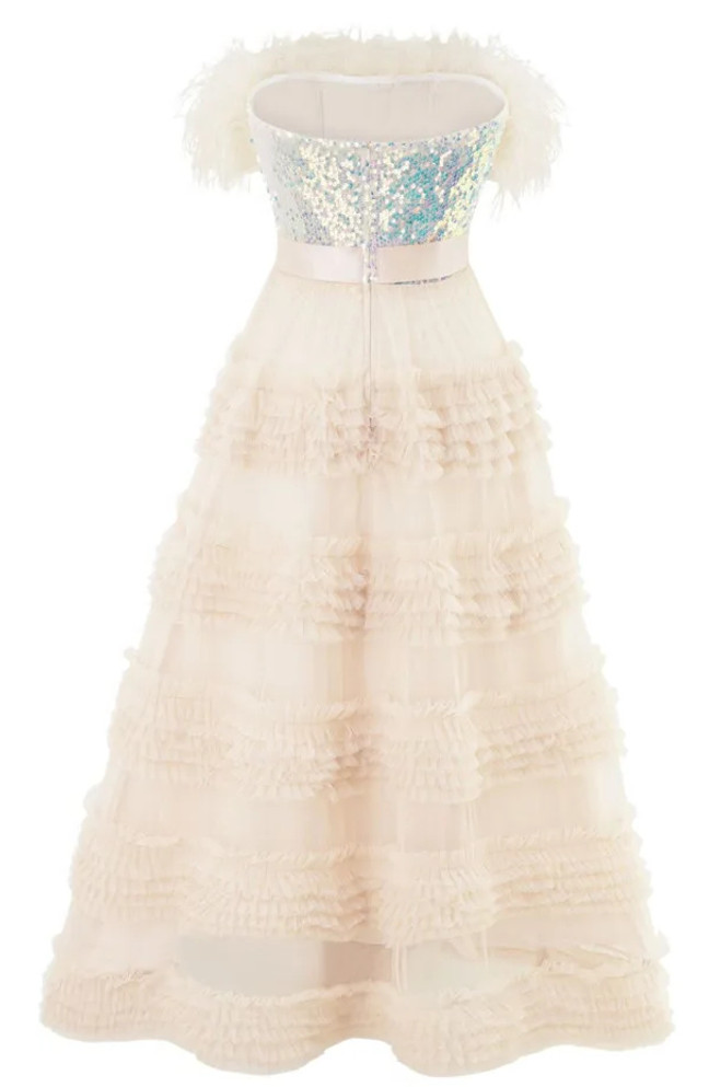 Strapless Feather Sequin Maxi Dress Ivory