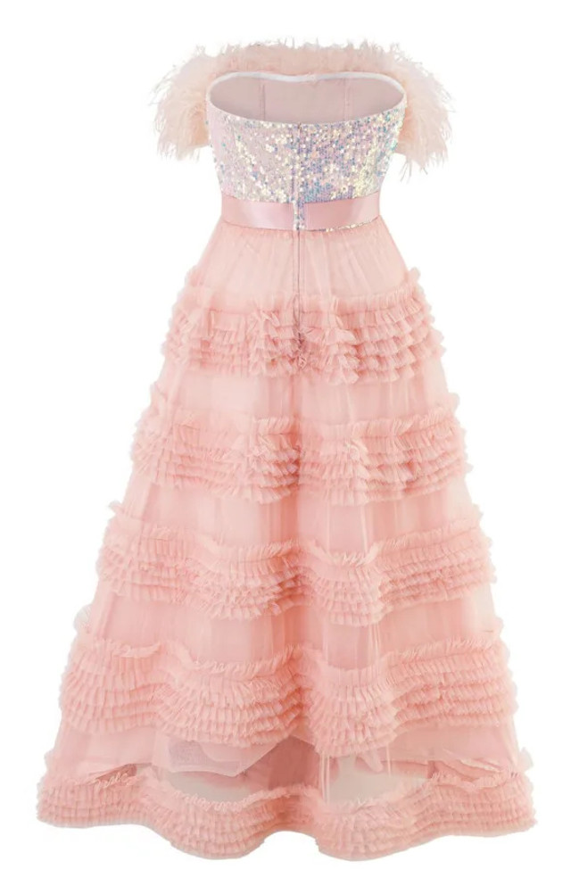 Strapless Feather Sequin Maxi Dress Pink