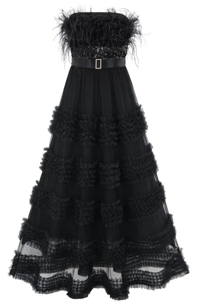 Strapless Feather Sequin Maxi Dress Black