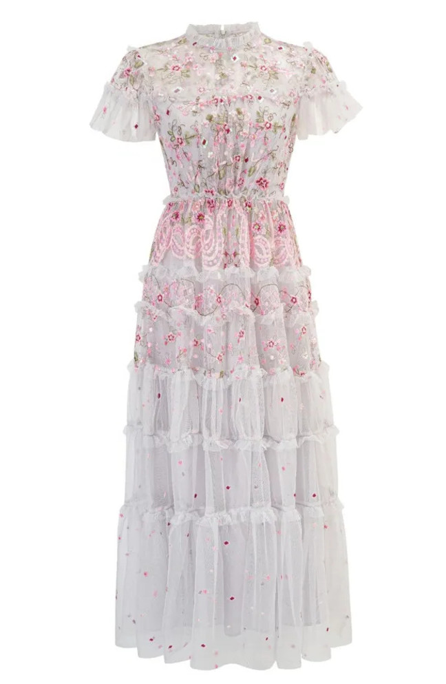 Short Sleeve Embroidered Flowal Maxi Dress White