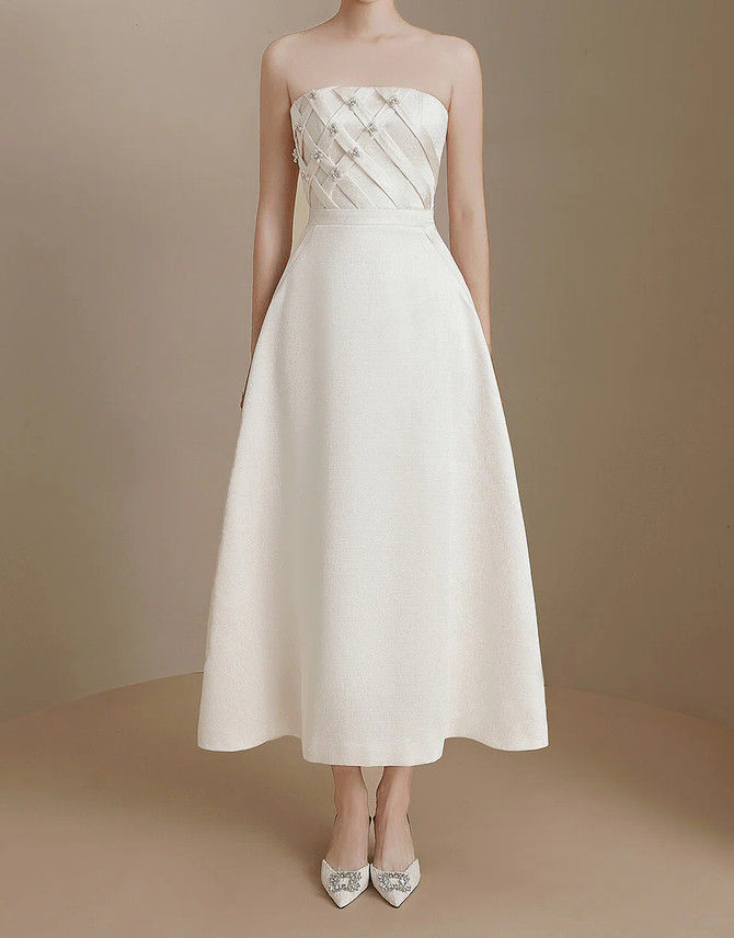 Strapless Embellished A Line Midi Dress Ivory