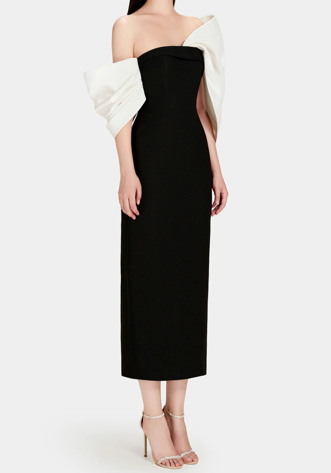Bow Bardot Midi Dress Black White