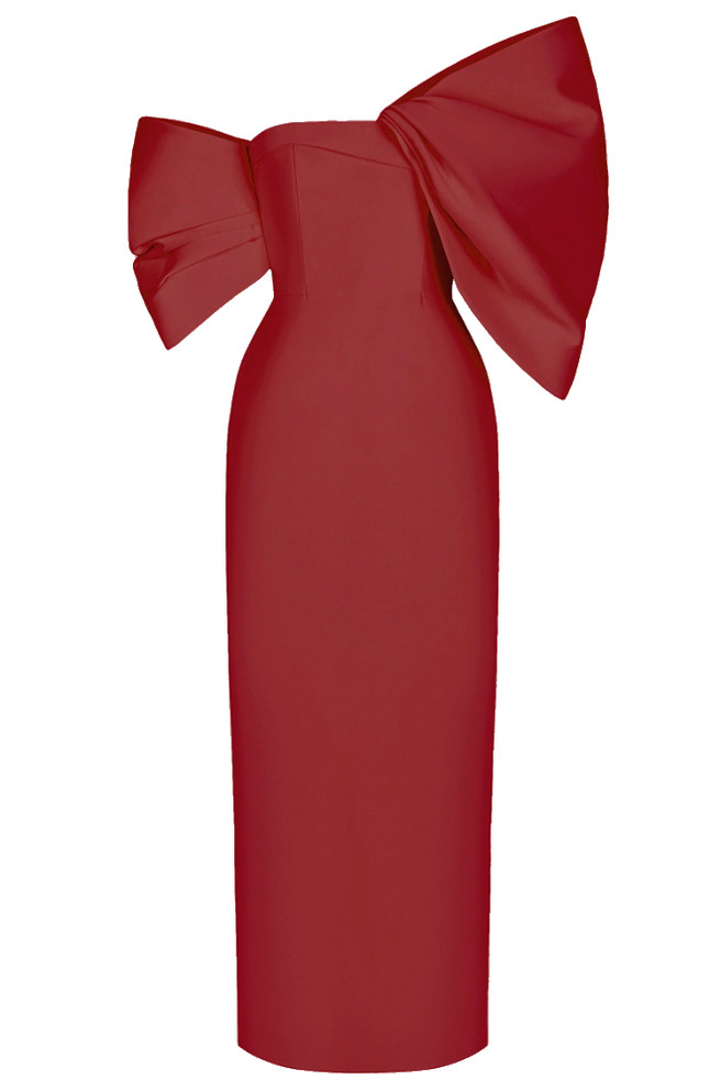 Bow Bardot Midi Dress Red