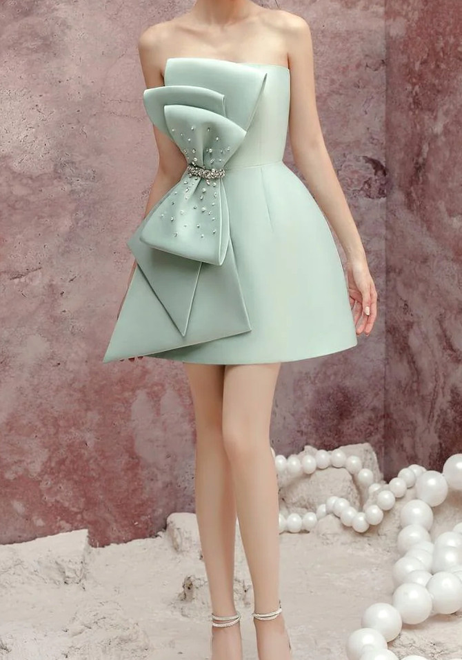 Strapless Crystal Bow A Line Dress Green