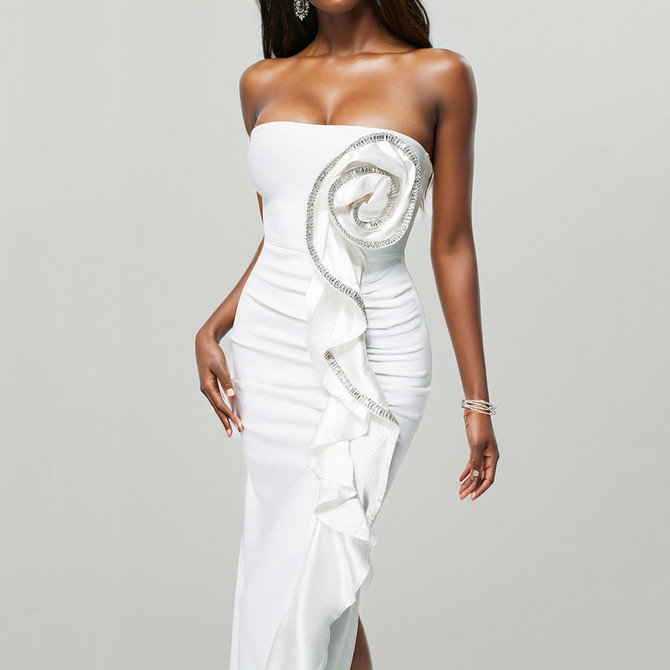 Strapless Embellished Ruffle Maxi Dress White