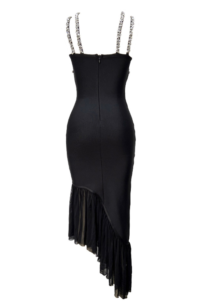 Halter Crystal Ruffle Midi Dress Black