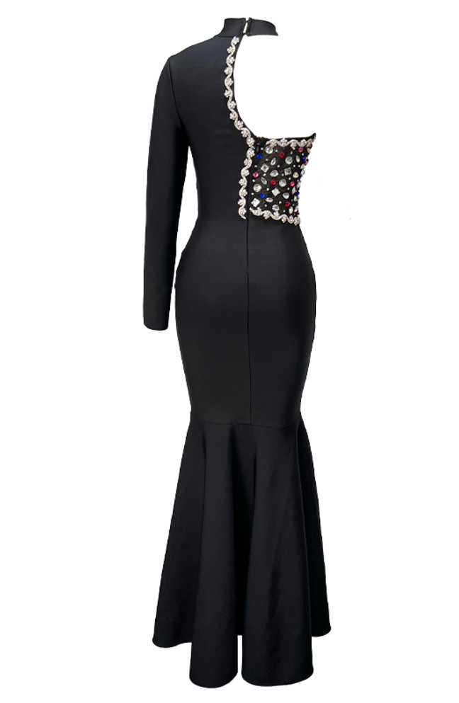 One Sleeve Embellished Mermaid Maxi Dress Black
