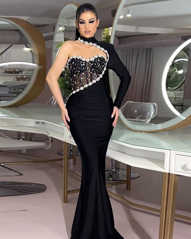 One Sleeve Embellished Mermaid Maxi Dress Black