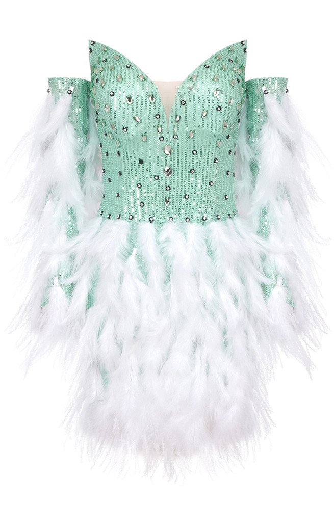 Long Sleeve Feather Sequin Dress Green White