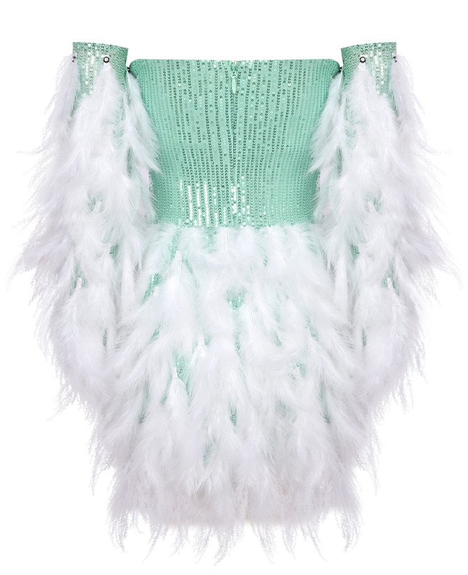 Long Sleeve Feather Sequin Dress Green White