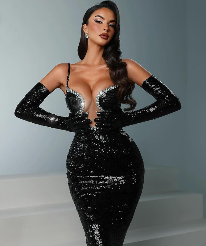 Crystal Bustier Sequin Maxi Dress Black
