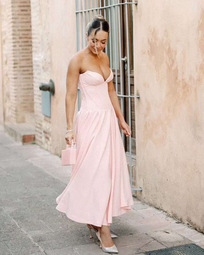 Strapless Bustier A Line Midi Dress Pink