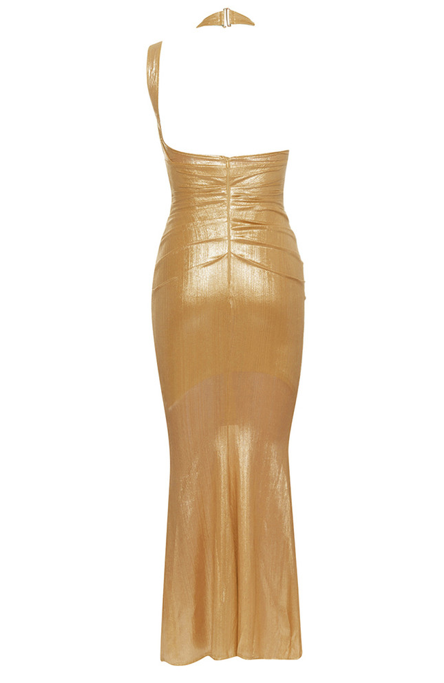 Halter Ruched Maxi Dress Gold