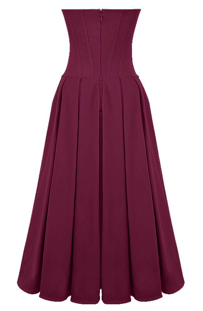 Strapless Bustier A Line Midi Dress Burgundy