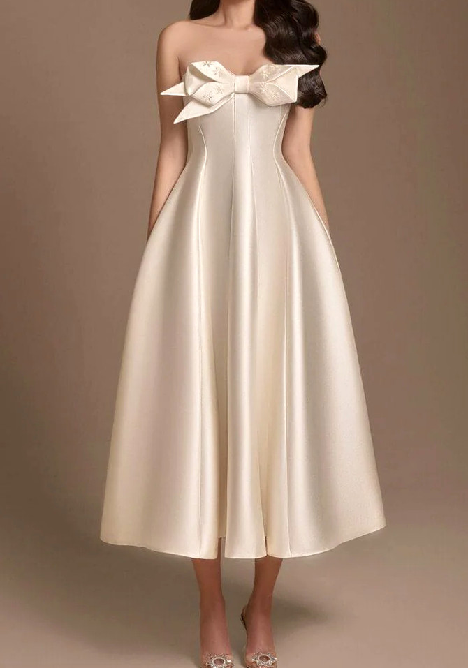 Strapless Bow Detail A Line Midi Dress Ivory