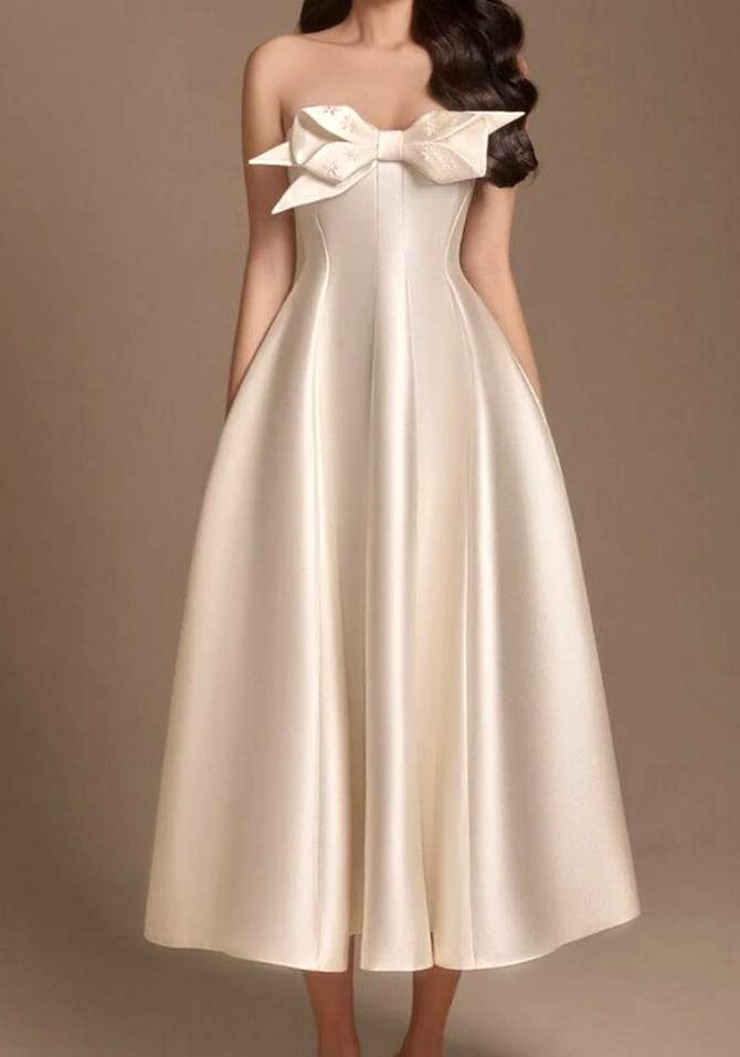 Strapless Bow Detail A Line Midi Dress Ivory