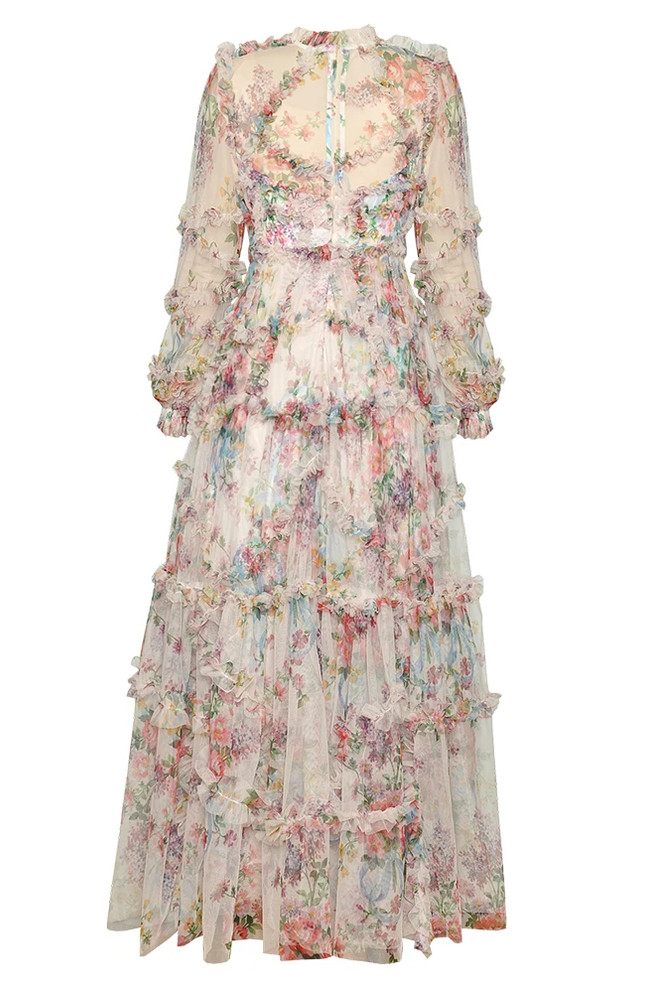 Long Sleeve Floral A Line Maxi Dress Ivory