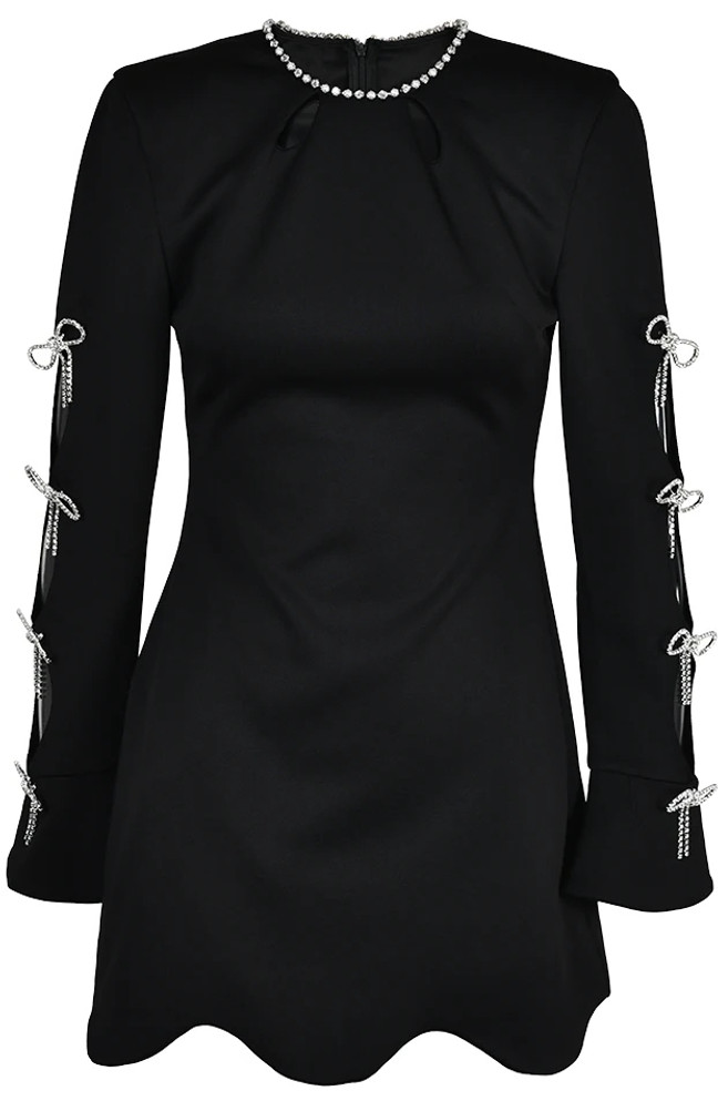 Long Sleeve Crystal Bow Dress Black